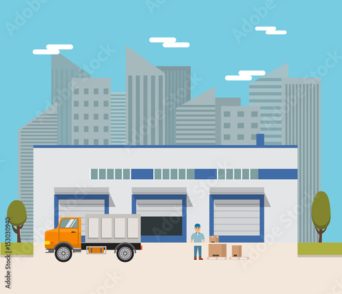 Vector  warehouse building flat trucks and the road.design elements for infographic,engineering and warehouse firms, companies on cargo delivery. For booklets,leaflets,banners on the websites