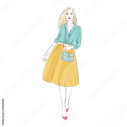 Beautiful young blonde women in a fashion retro clothes with bag on high heels. Vector hand drawn illustration.