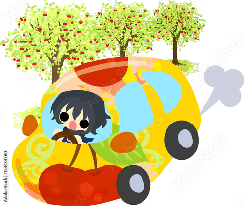 A cute little girl and a car of cherry