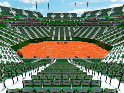 3d render of beautiful modern tennis clay court grand slam lookalike stadium with green seats for fifteen thousand fans