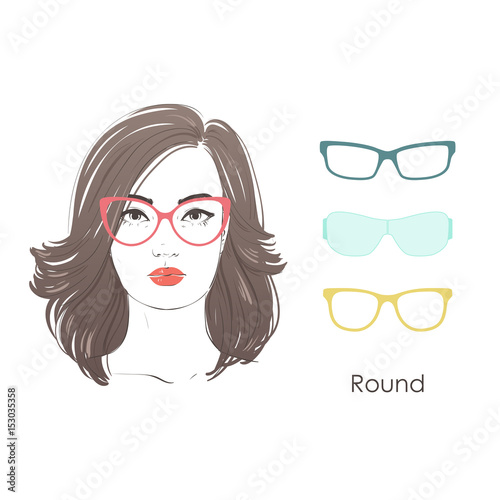 Vector set beautiful women portrait with differnt haircuts and shape of glasses for round type of faces. Hand drawn illustration.
