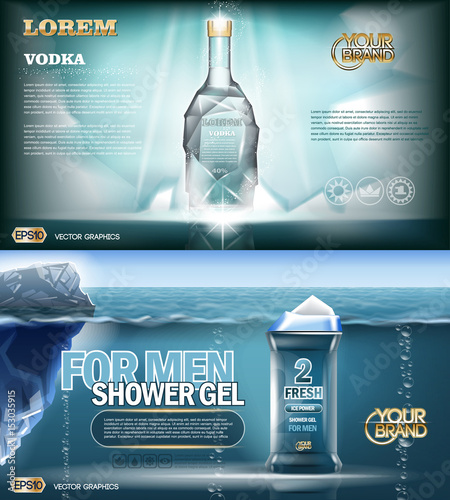 Digital vector aqua silver shower gel and vodka bottle mockup with ice and sparkle, with your brand, ready for print ads or magazine design. Glossy and shine, realistic 3d style