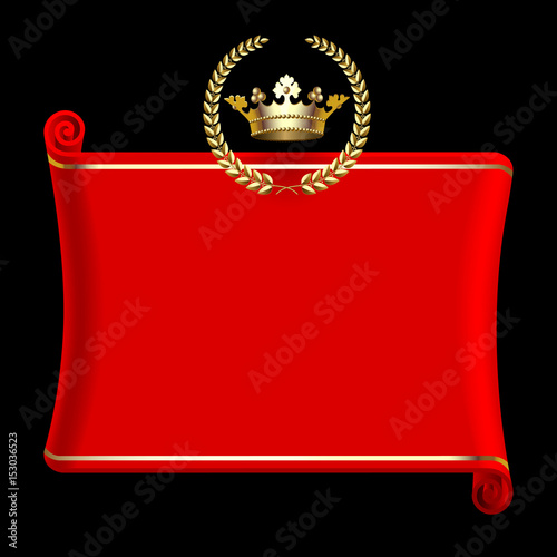 Red banner with gold crown and laurel wreath isolated on black