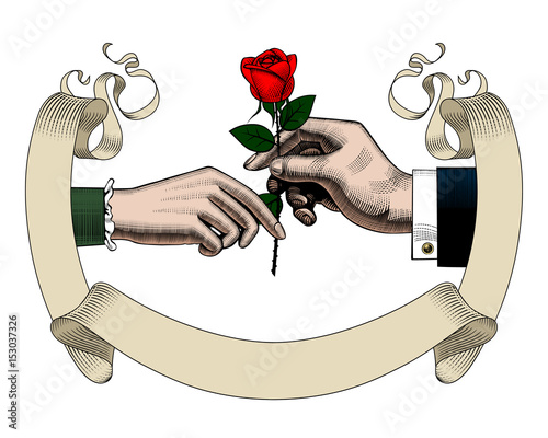 Old ribbon banner, hands of man and woman with red rose