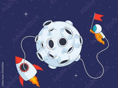 Astronaut on lunar landing mission, vector illustraton in flat style