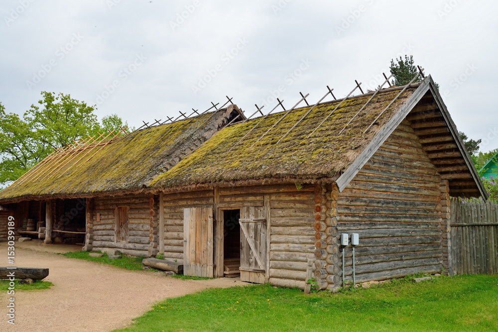 Old Russian log hut in Pushkin Mikhailovskoe