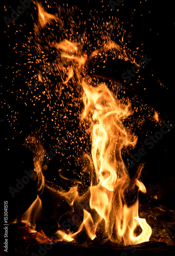 Burning campfire on black background