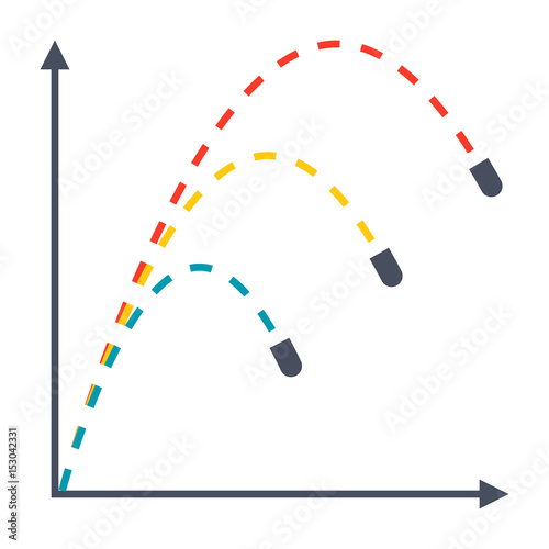Ballistics concept with trajectories of three projectiles, vector illustration in flat style