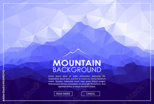 Triangle low poly landscape with blue mountain range. Vector polygonal illustration.