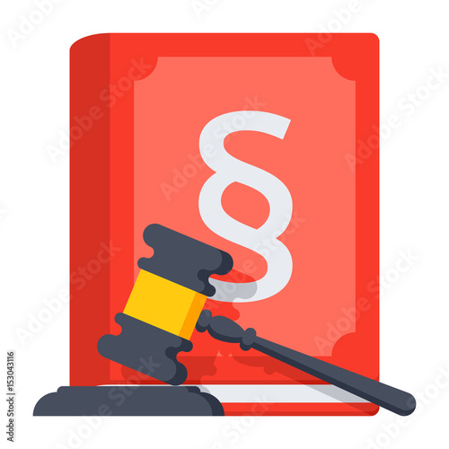 Jurisprudence concept with judges gavel and law book, vector illustration in flat style