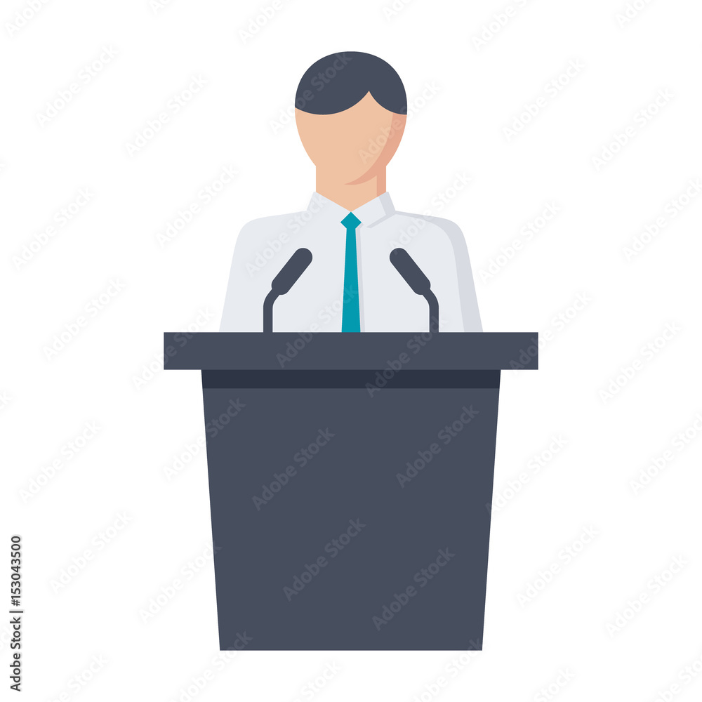 Political science concept with politician standing behind rostrum and giving speech, vector illustration in flat style Political science concept with politician standing behind rostrum and giving speech, vector illustration in flat style