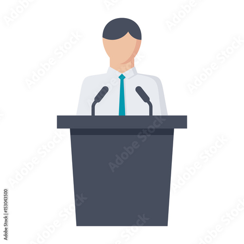 Political science concept with politician standing behind rostrum and giving speech, vector illustration in flat style