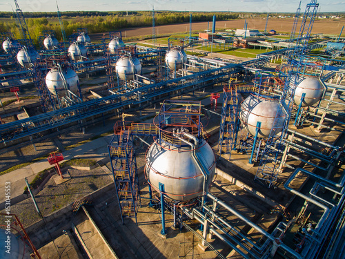 tank farm for bulk petroleum and gasoline storage. Aerial view