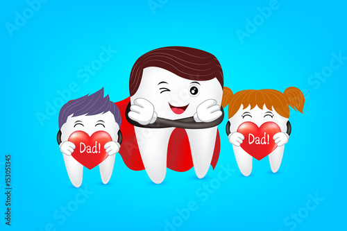 Super dad with family, tooth characters design. Love dad, happy father day.Great for dental care concept. Illustration isolated on blue background.