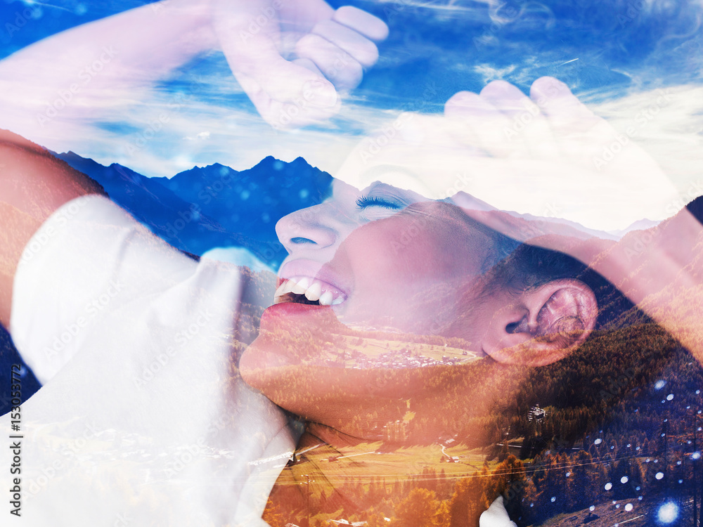 Fototapeta premium Double exposure of happy woman in the morning and beautiful autumnal mountainscape