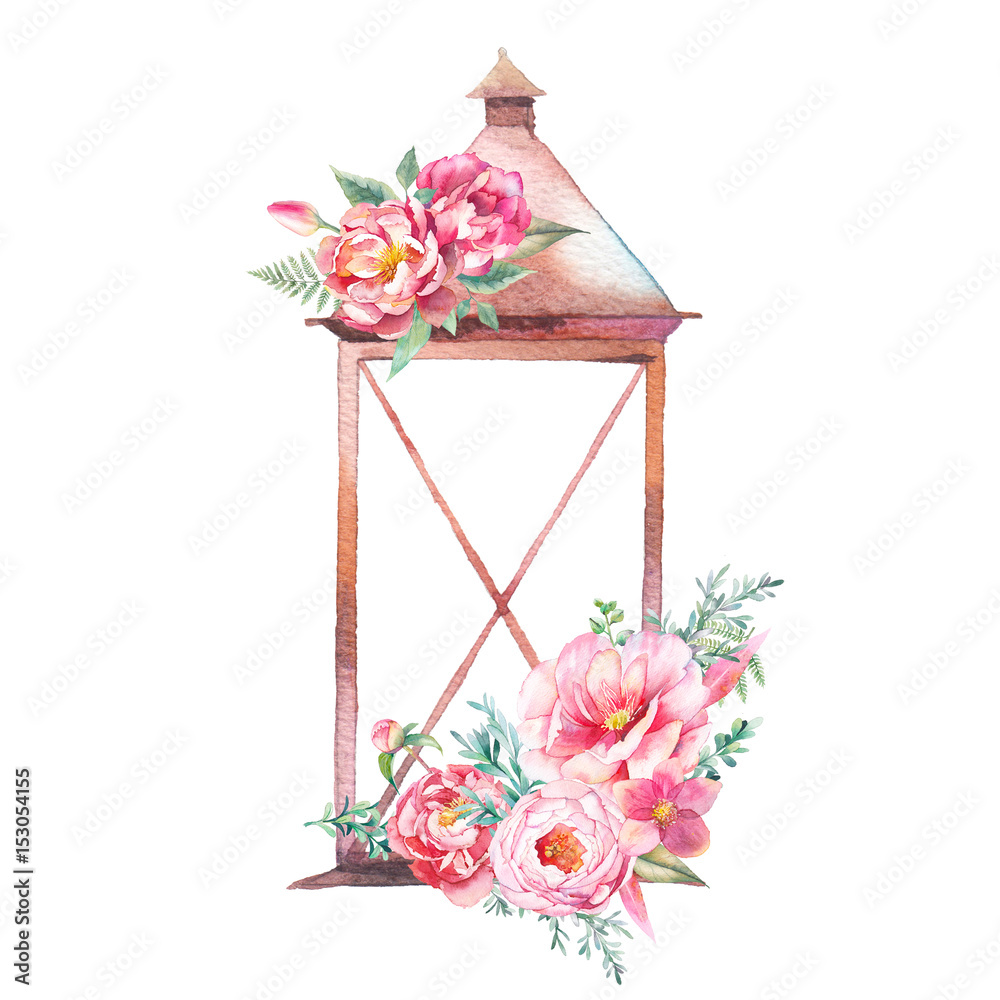 Watercolor decorative lantern with floral posy. Vintage rusty lamp, peony,  roses tulip flowers decor isolated on white background. Wedding floral  design element Illustration Stock | Adobe Stock