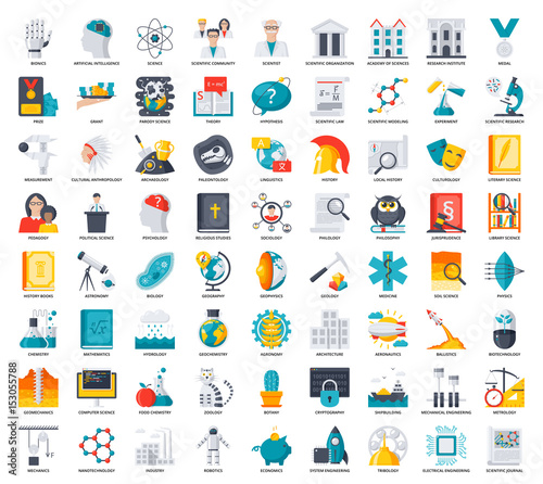 Science icons set, scientific vector illustrations in flat style