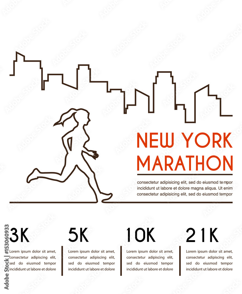 Line silhouettes of female runner. Running marathon, poster design