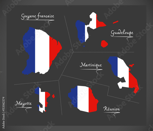 French overseas departments map with French national flag illustration