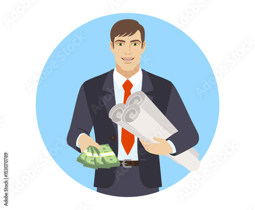 Businessman with cash money holding the project plans