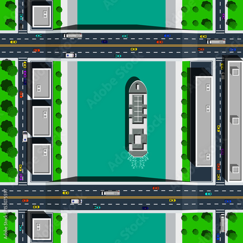 City map top view vector illustration. Bridges over the river with crossroads, traffic. Ferry afloat. Shrubs and trees adorn the city.