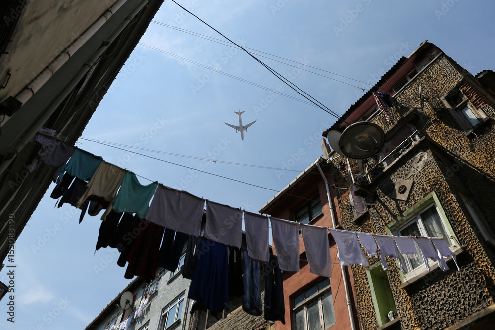 Airplane Passing Over Balat District, Istanbul