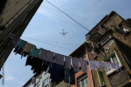Airplane Passing Over Balat District, Istanbul
