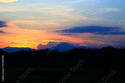 sunset in sky beautiful colorful landscape silhouette tree woodland and river reflect the twilight time