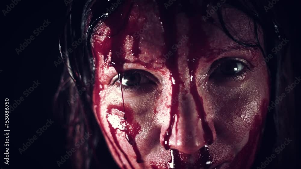 4K Horror Woman Face with Blood Pouring