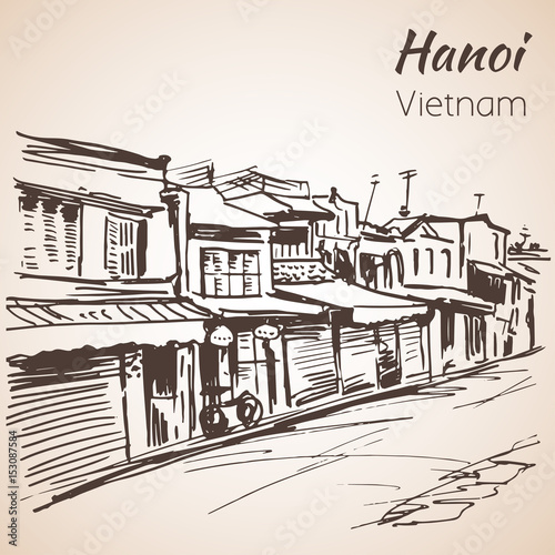 Tipical street voew in Hanoi. Vietnam. Sketch.