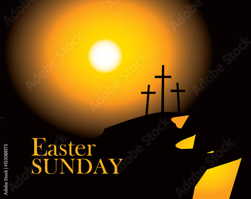 vector banner for easter with Calvary and three crosses against sunset with words Easter sunday