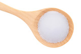 Salt in wooden spoon on white background