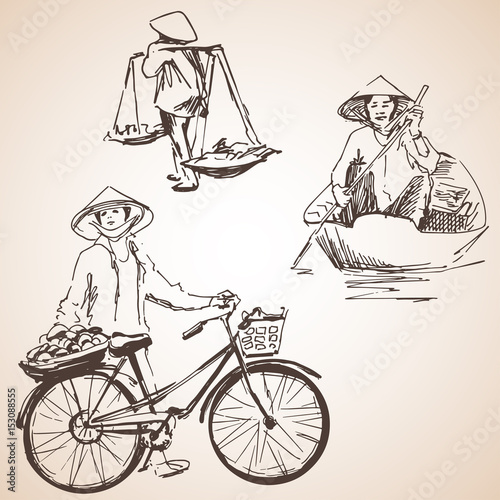 Silhouettes of Vietnam people with fruit, bicycle and boat