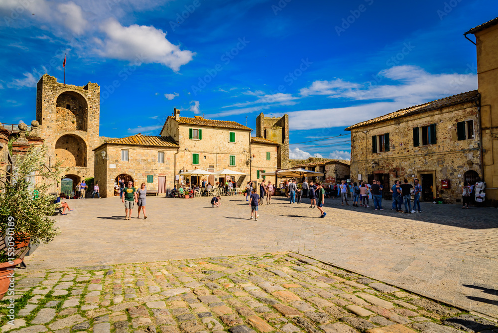 View of the medieval castle town of Monteriggioni in the hills of Siena in Tuscany
