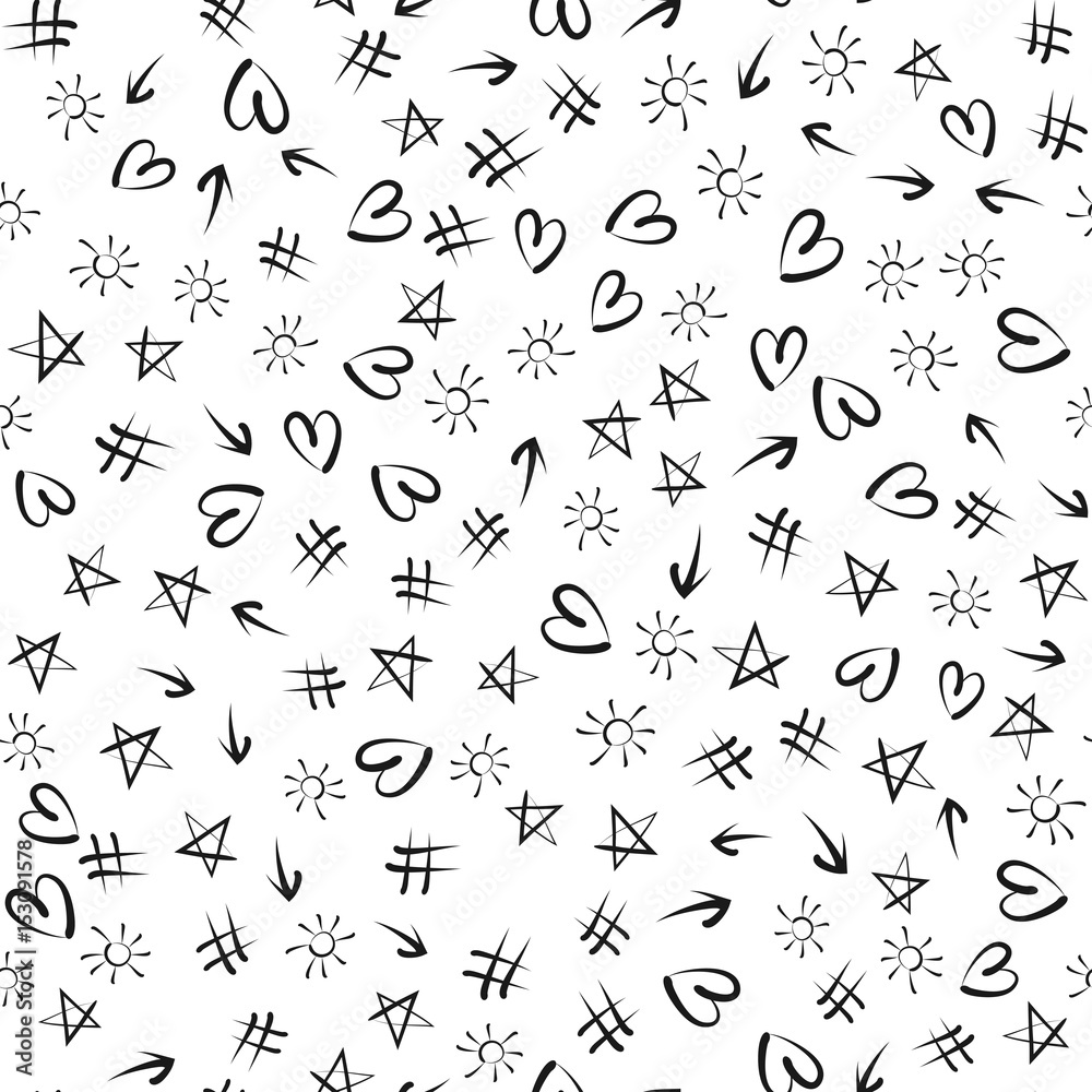 Randomly scattered suns, stars, arrows, hashes, hearts. Seamless pattern. Sketch, doodle.