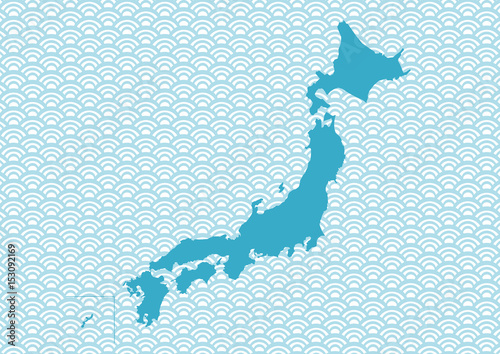 青色の日本地図と青海波模様イラスト　
