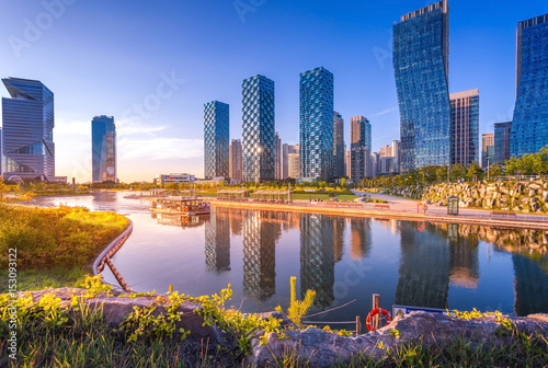 Photography Seoul city with Beautiful after sunset, Central park in Songdo International Business District, Incheon South Korea