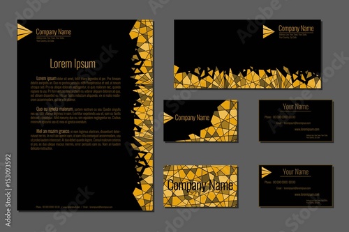 Professional corporate identity kit. Business Cards, Envelope and Letter Head Designs. Gold sample on black background. Vector template.