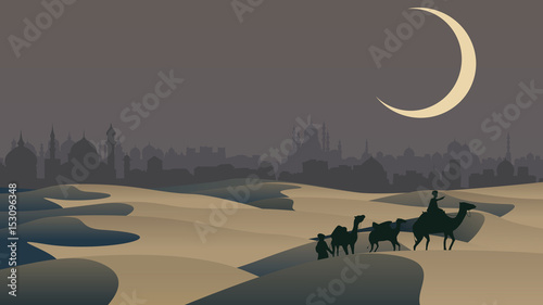 Vector bedouin caravan camels against over city.