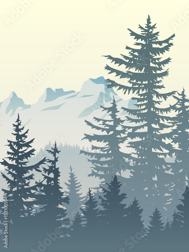 Vertical illustration of foggy forest mountains.