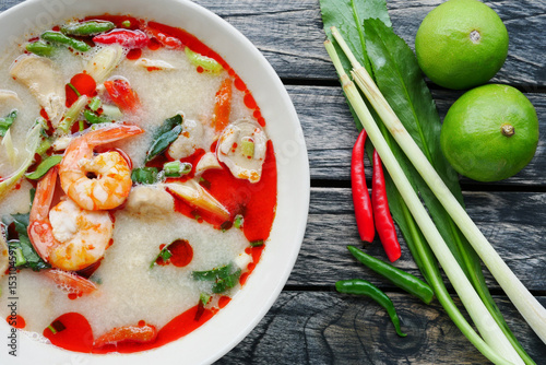 Prawn shrimp and lemon grass spicy soup with mushrooms, famous Thai food calling Tom Yum Kung