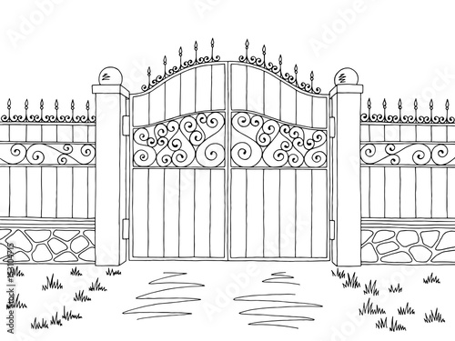 Wall fence gate graphic black white landscape sketch illustration vector