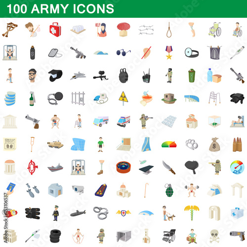 100 army icons set, cartoon style