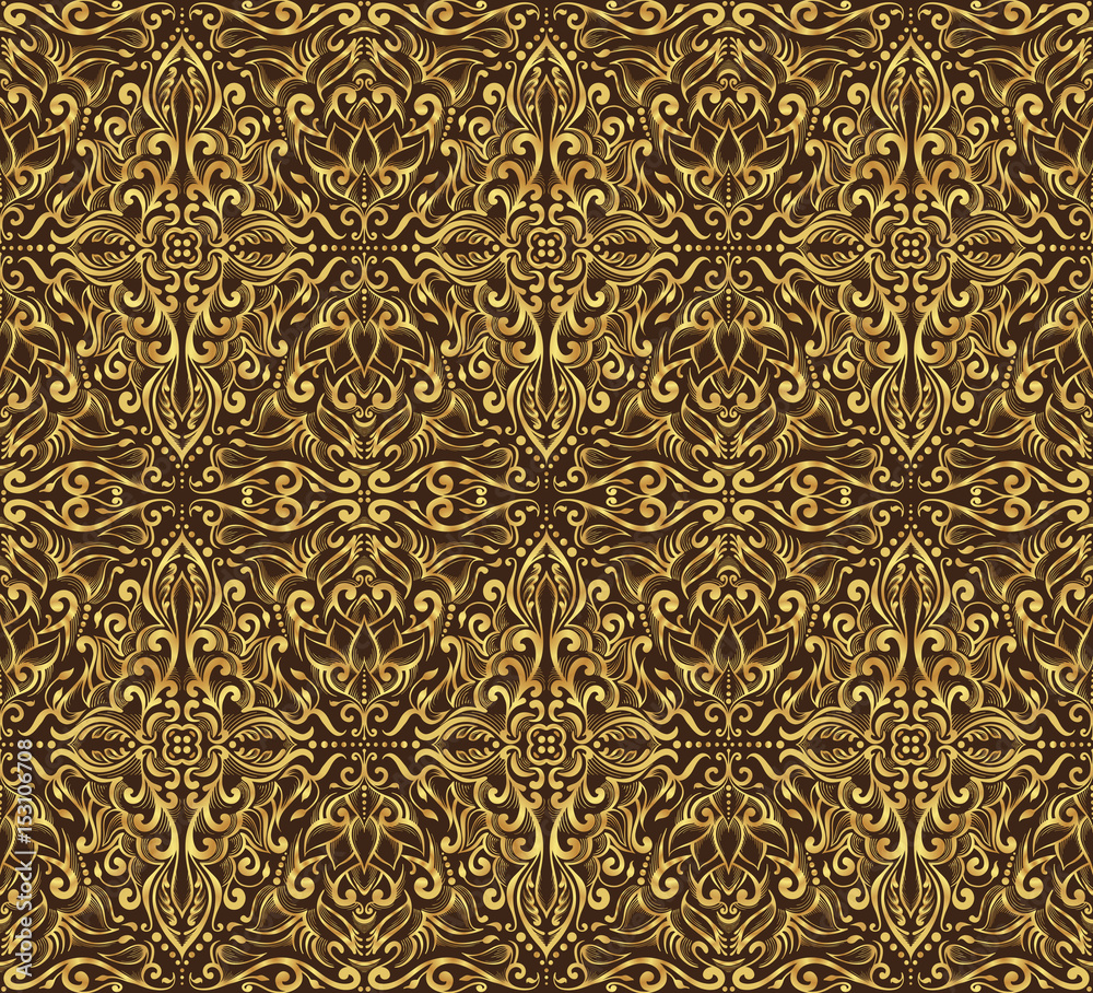 Seamless golden damask pattern on a dark brown background.