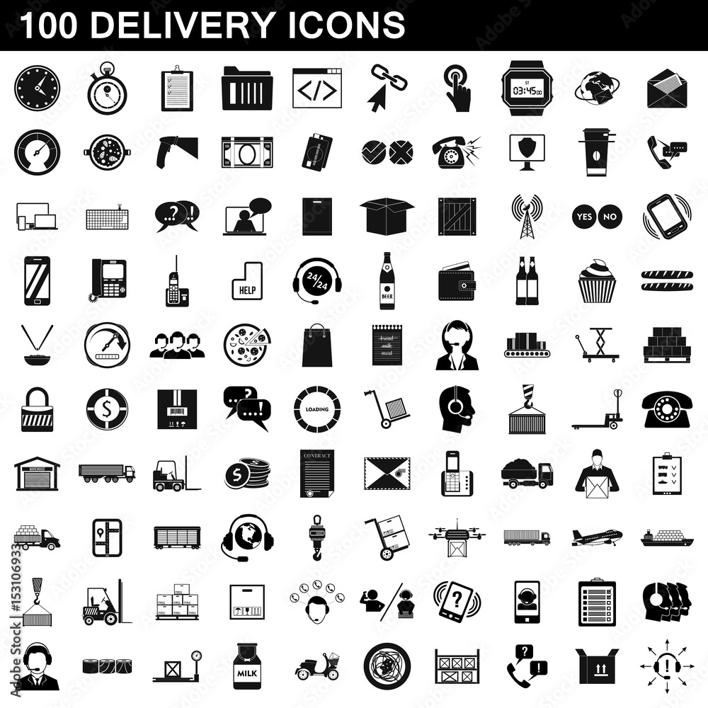 100 delivery icons set, simple style