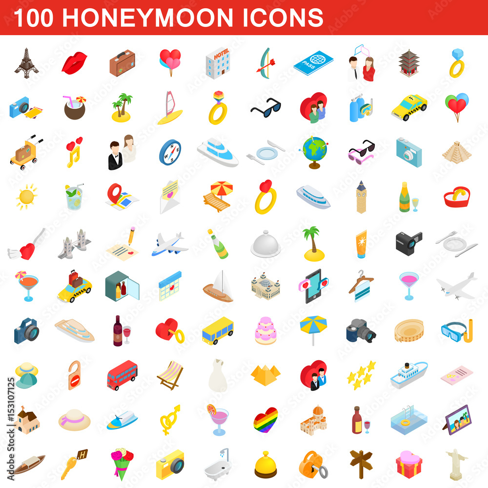 100 honeymoon icons set, isometric 3d style