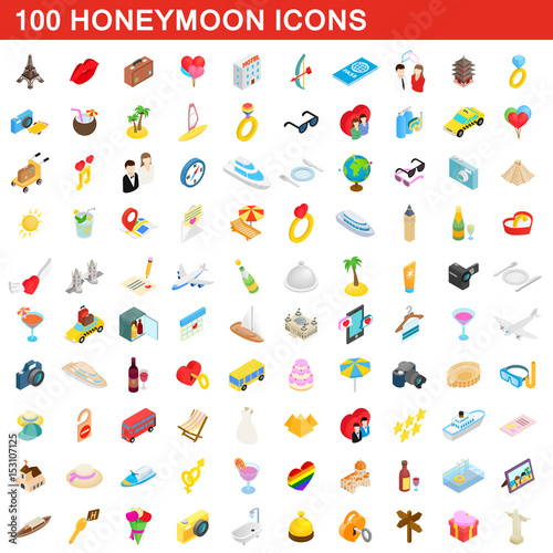 100 honeymoon icons set, isometric 3d style