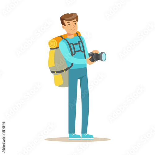 Happy young man standing with backpack and holding flashlight. Colorful cartoon character vector Illustration