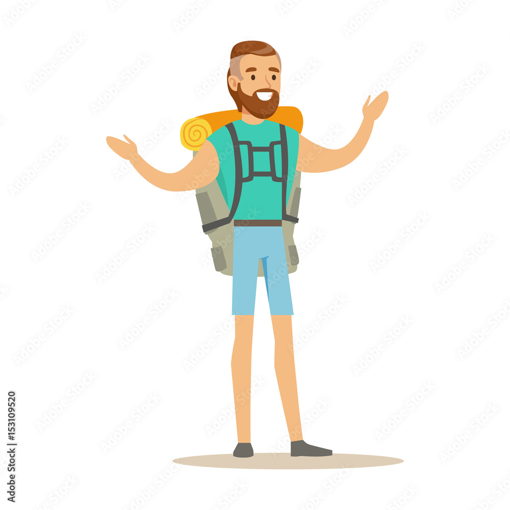 Young man traveler standing with backpack. Summer camping colorful cartoon character vector Illustration Young man traveler standing with backpack. Summer camping colorful cartoon character vector Illustration