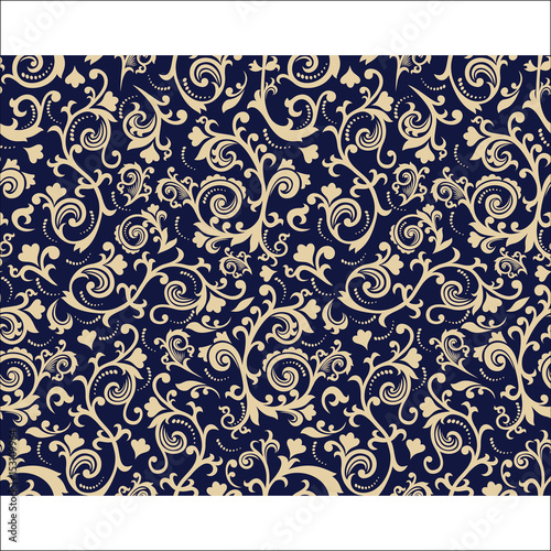 Seamless blue background with light pattern in baroque style. Vector retro illustration. Ideal for printing on fabric or paper.